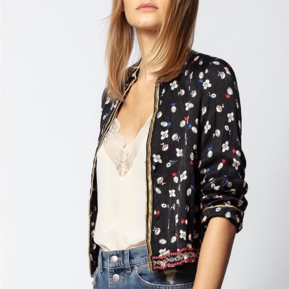 Zadig & Voltaire Vendrix Floral Open Front Jacket Black Gold Trim 8 Medium 40